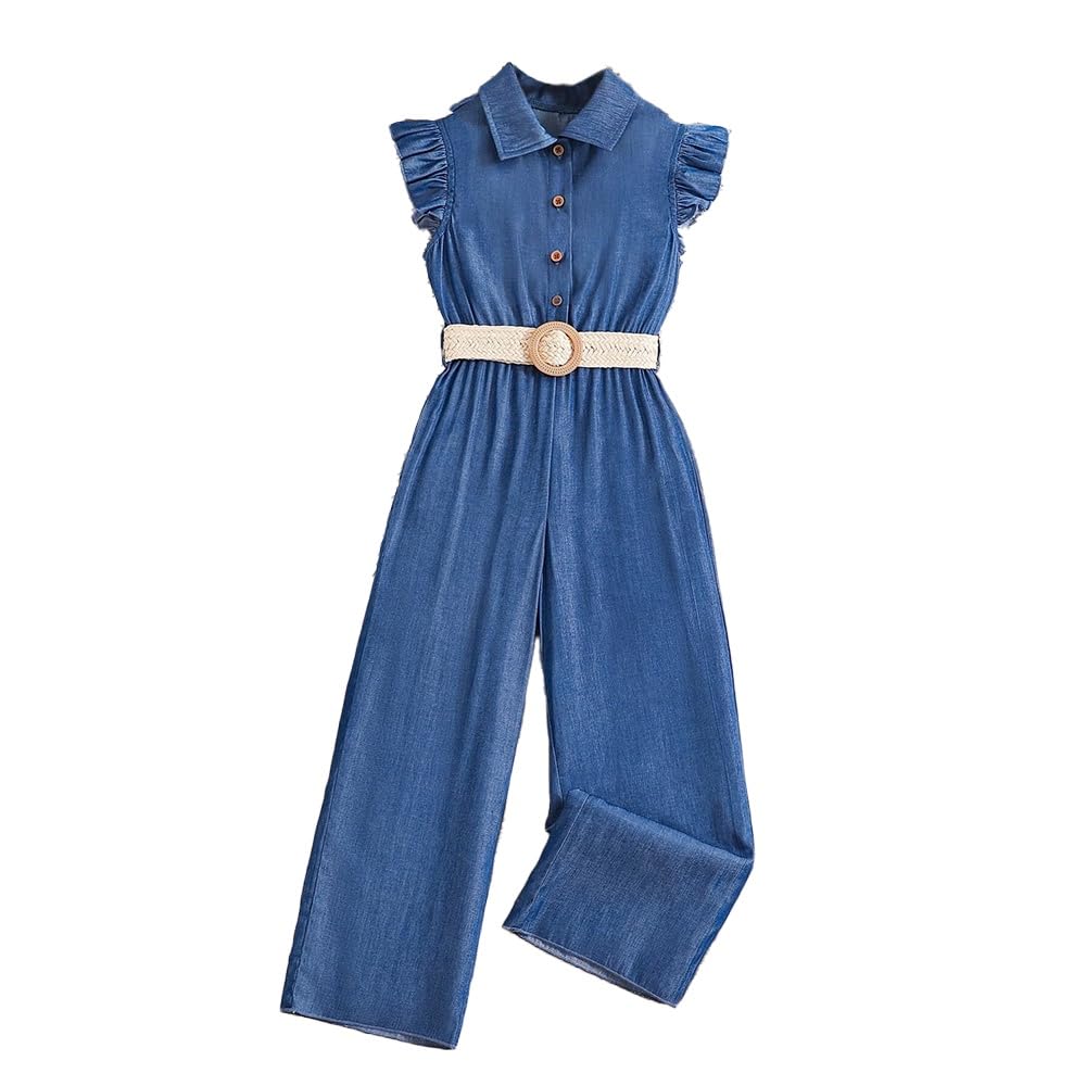 Wholesale Girls' Casual Denim Overall Jumpsuits Sleeveless Collared Neck Wide Leg Pants Jumpers with Belt 7-13 Years