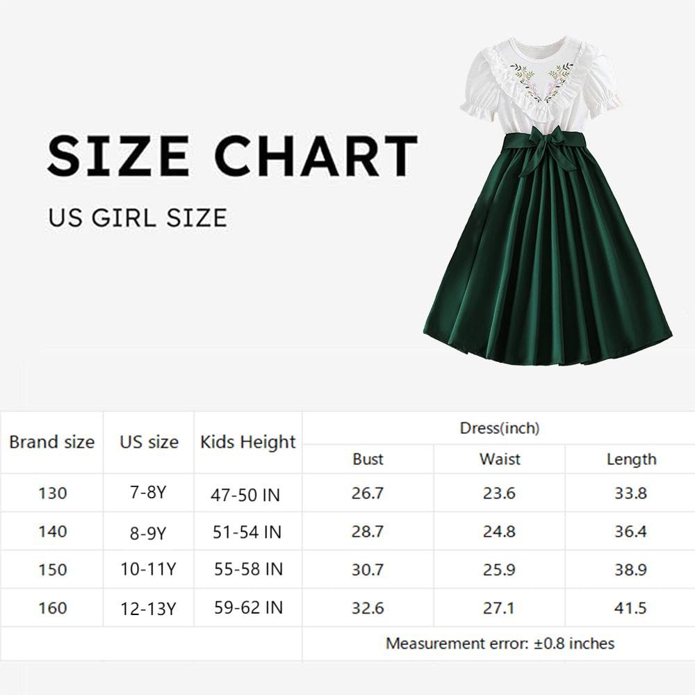 Wholesale Girls' Retro Dress White Round Neck Bubble Sleeve Dress with Green Stitching Ribbon Pleated Skirt 7-13 Years