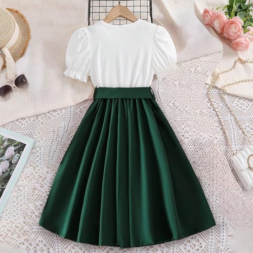 Wholesale Girls' Dress, White Round Neck Bubble Sleeve Dress with Green Stitching Ribbon Pleated Skirt 8-12 Years