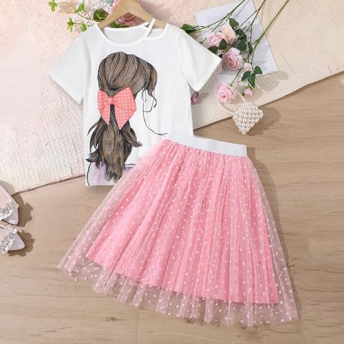 Wholesale Girl's 2 Piece Outfit White Pinted Shirt and Pink Overlay Mesh Skirt Set 8-12 Years