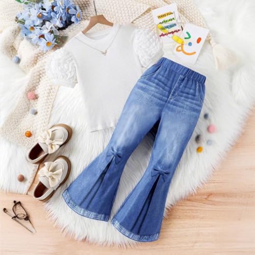 Wholesale Summer Girl's Outfits 2 Piece Set, Popcorn Sleeve Vertical Stripe T-shirts Short sleeved and Denim Flared Pants 8-12 Years