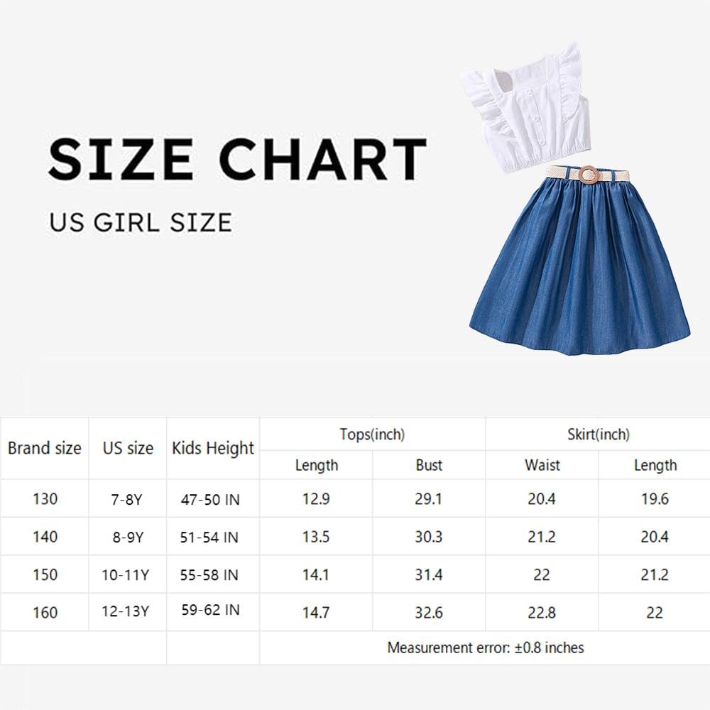 Wholesale Girls' 2 Piece Outfit Summer Skirt Square Neckline Ruffle White Sleeveless Top and Blue Demin Skirt Sets 7-13 Years