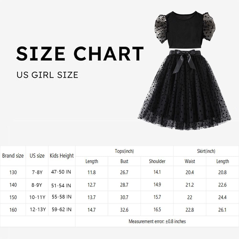 Wholesale Girls' Skirt Set Black Mesh Dress with Puff Sleeve & Double Mesh Princess Skirt Sets 7-13 Years