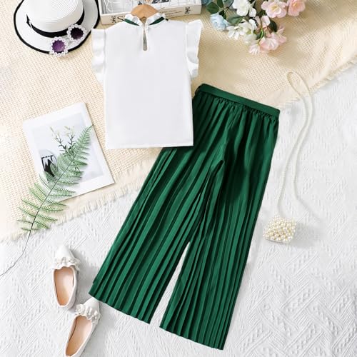 Wholesale Girls' Summer 2 Piece Outfit Pants kit, Reffle Edge Sleeveless T-Shirt and Elastic Waist Pleated Wide Leg Pants 8-12 Years