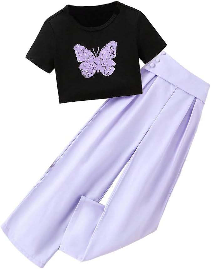 Wholesale Girls' Dress, Summer 2 Pcs Outfit Butterfly Pattern Print T-Shirt Sleeve Shorts and Purple Button Up Loose Pants 8-12 Years