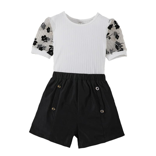 Wholesale Girl's Summer 2 Piece Outfits Short Sleeve Crop Top and Boxer Shorts Sets Travel Clothes 8-9 Years