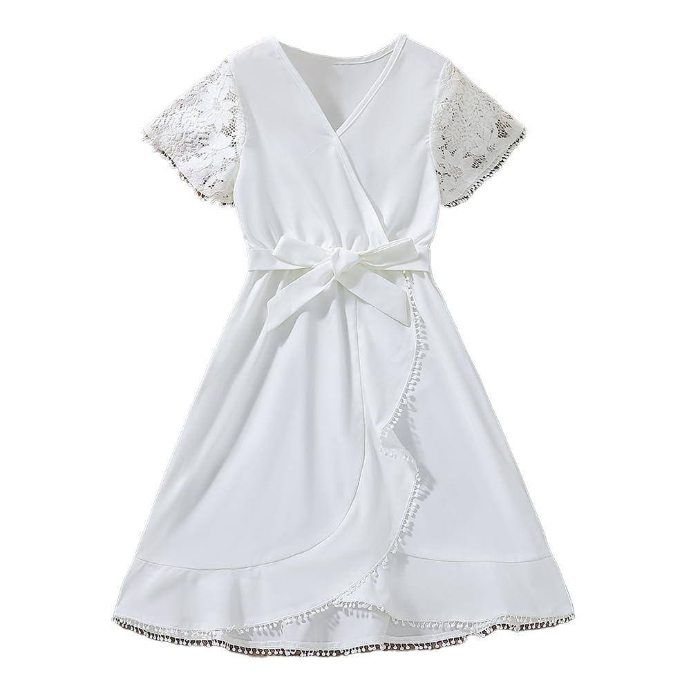 Wholesale Girls Summer Wrap Dress V-Neck Ruffle A-line Chiffon Lace Mini Dresses 10-12 Years