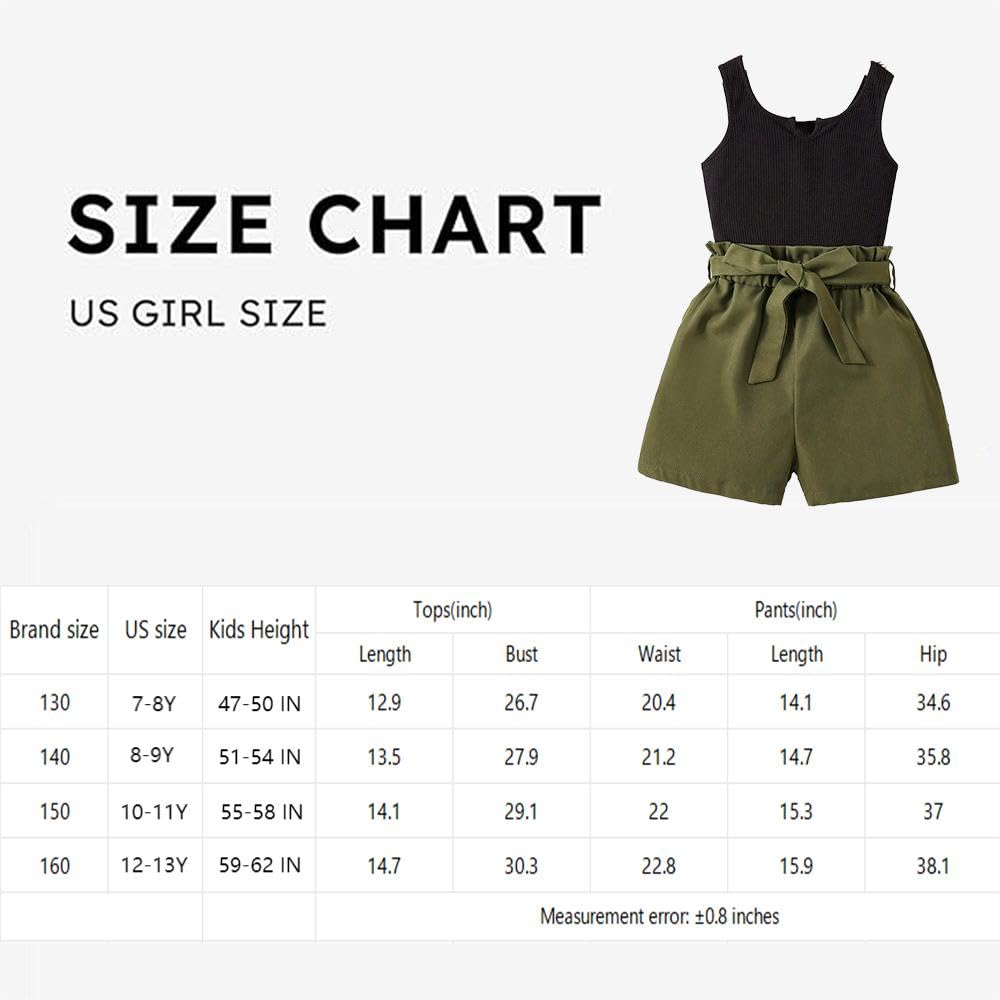 Wholesale Girls Casual Black Crop Tank Top with Paperbag Waist Army Green Summer Shorts 2 Piece Outfits Set 7-13 Years