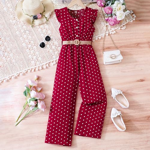 Wholesale Girls' Jumpsuit, Ruffle Edge Sleeveless Polka Dot Jumpsuit, Button-up Top and One-piece Pants Set 8-12 Years