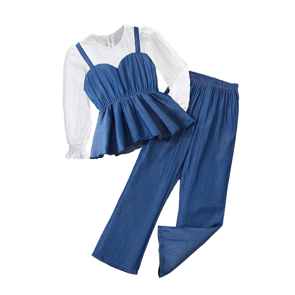 Wholesale Girls Long-sleeved ruffled top and denim pant kits 7-13 Years