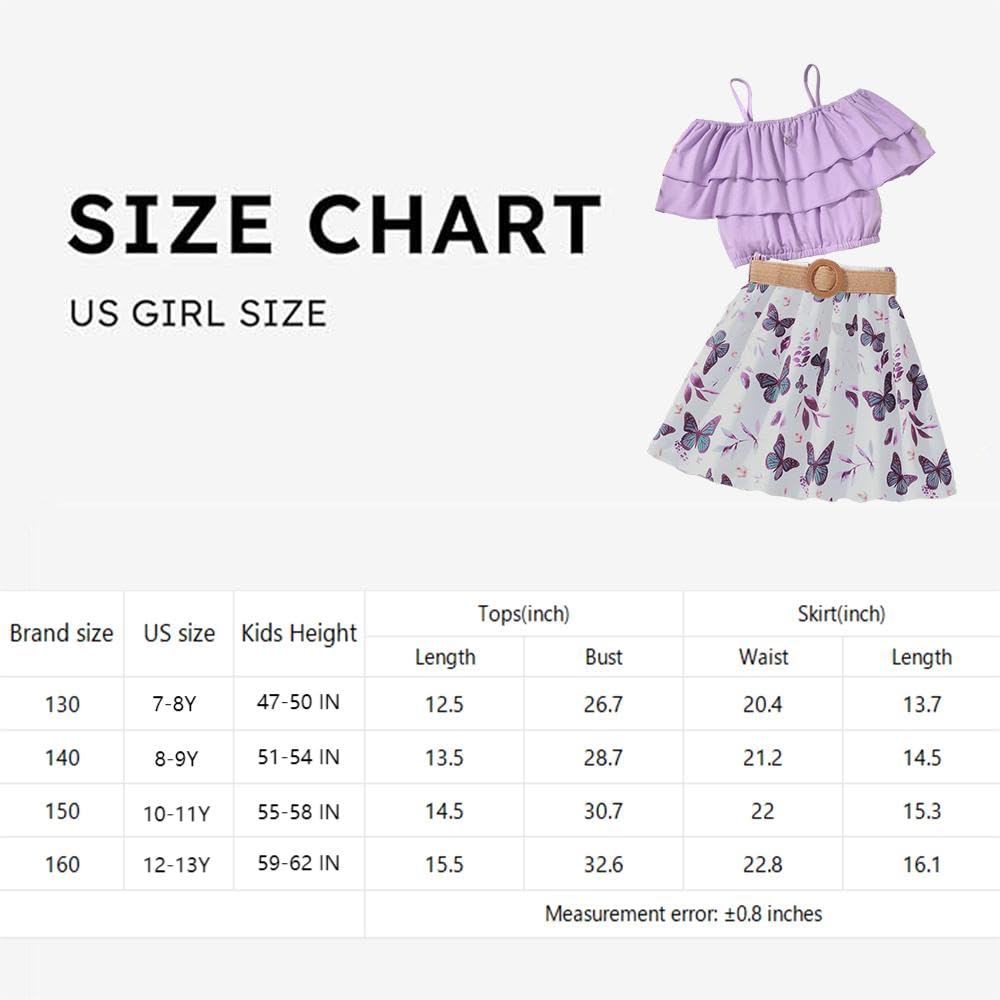 Wholesale Girl's 2 Pieces Outfits Spaghetti Purple Layered Crop Top and Butterfly Print Skirt Set with Belt 7-13 Years