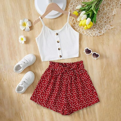 Wholesale Girl's Summer 2 Piece Outfits Cami Crop Top Spaghetti Strap Tank Top and White Farpoint Print Red Shorts 8-12 Years