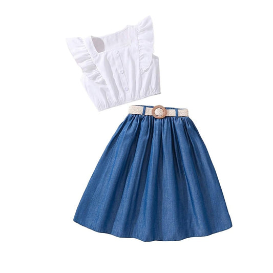 Wholesale Girls' 2 Piece Outfit Summer Skirt Square Neckline Ruffle White Sleeveless Top and Blue Demin Skirt Sets 7-13 Years