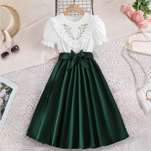 Wholesale Girls' Dress, White Round Neck Bubble Sleeve Dress with Green Stitching Ribbon Pleated Skirt 8-12 Years