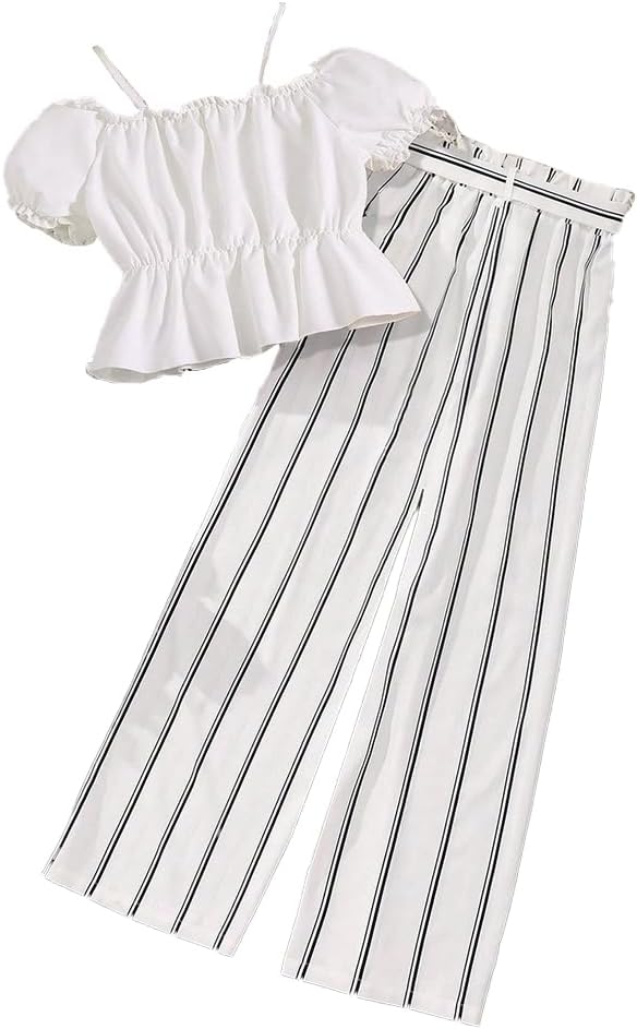 Wholesale Summer Girl's Summer 2 Piece Outfits, White Halter One Shoulder Top and Striped Pants Clothing Set 8-12 Years