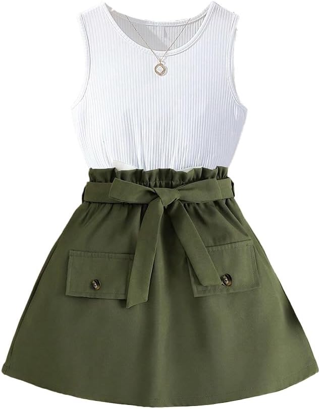 Wholesale Girls' 2 Piece Skirt Sets Sleeveless White Top Green Skirt Girls Casual Summer Skirt Sets for 7-13 Years