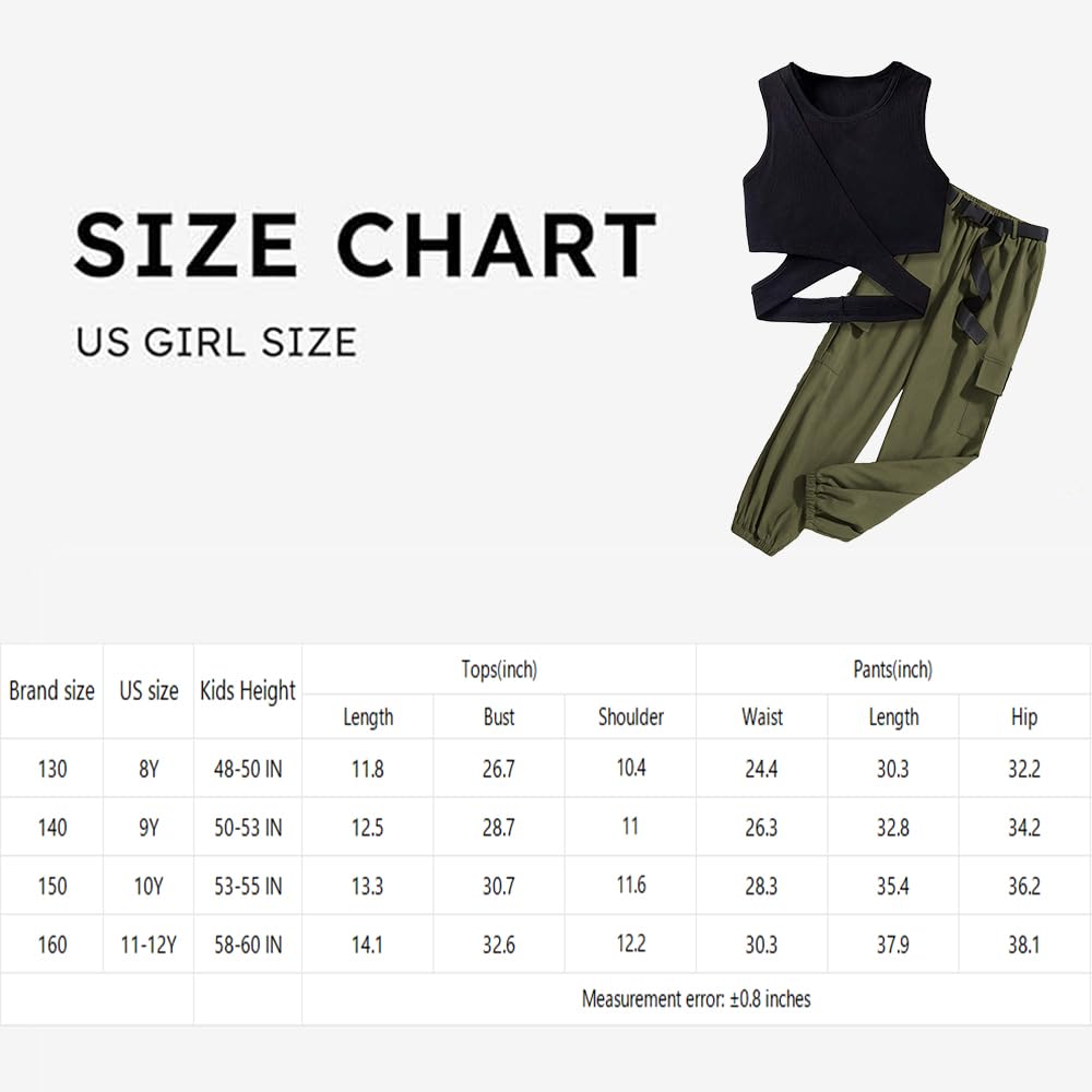 Wholesale Girls' Summer 2 Piece Outfit Pants kit,  Black Hollow V-neck T-shirt Crisscross Tank Top and Military Green Tapered Pants 2 Pockets 8-12 Years