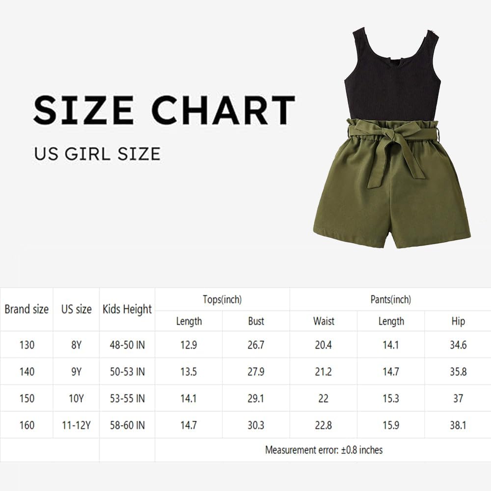 Wholesale Girls 2 Piece Casual Outfit Black Round Neck Tank Top with Paper Bag Waist Army Green Shorts Set 8-12 Years