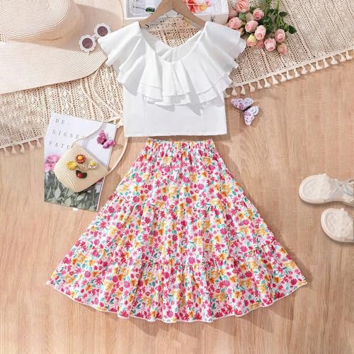 Wholesale Girls' 2 piece outfit, summer dress, Suit Ruffle White Sleeveless Top Digital Print Floral Long Skirt Set 8-12 years