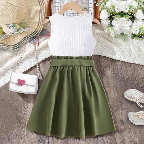 Wholesale Girls' Two-piece Set Sleeveless White Top Green Skirt Girls Casual Skirt Sets 8-12 Years