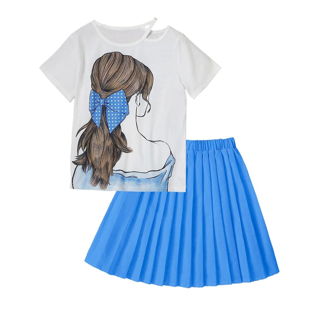 Wholesale Girls' Summer Dress Set - White Silhouette Top & Blue Pleated Skirt two-piece set 7-13 Years