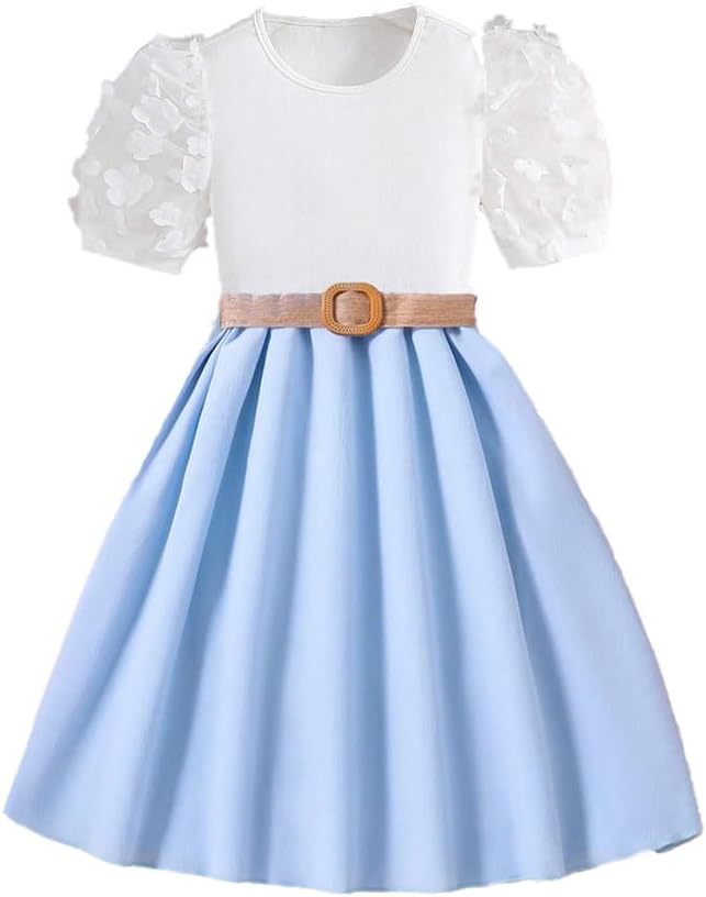 Wholesale Girls' Dress, White Flower Gauze Sleeves, Round Neck, Light Blue Dress Girl Child Skirt, Girls Party Outfit 8-12 Years