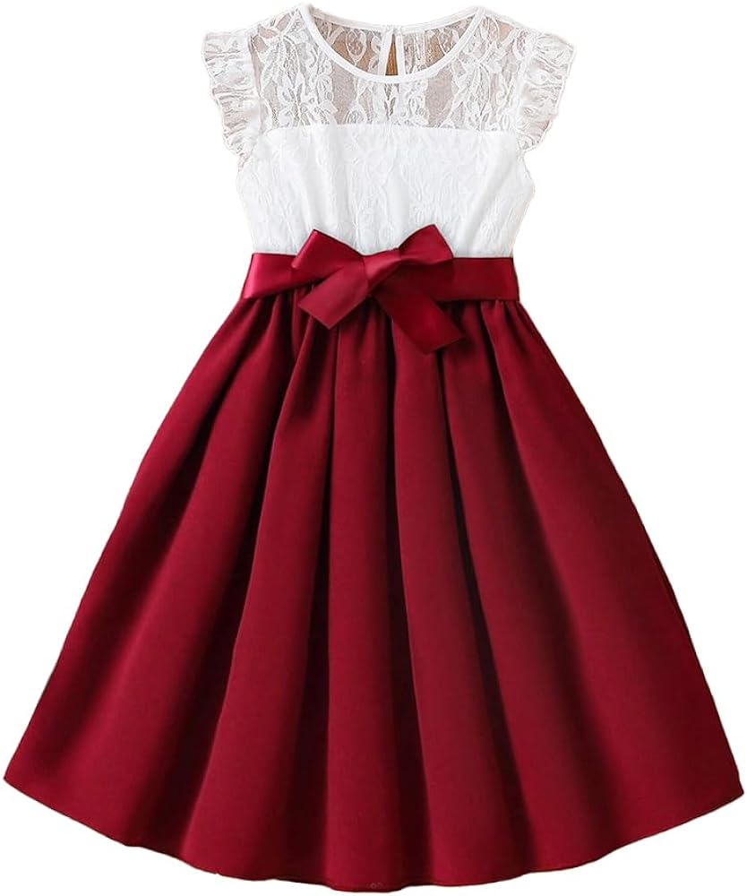 Wholesale Girls' Summer Dress, Sleeveless Lace Floral Dress, red Pleated Skirt 8-12 Years