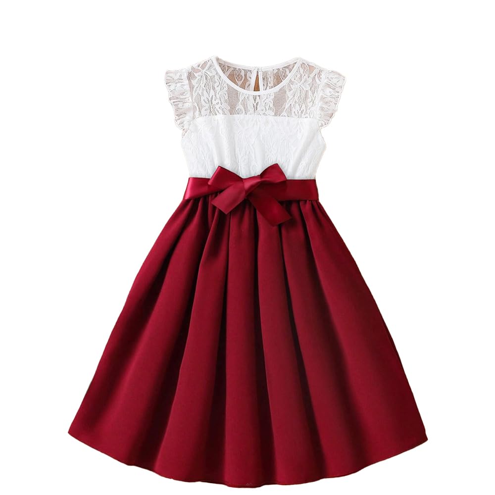 Wholesale Girls' Summer Dress, Sleeveless Lace Floral Dress, red Pleated Skirt 8-12 Years