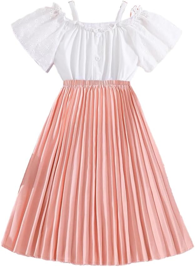 Wholesale Girl's Casual Dress with White Lace Sleeves Off-The-Shoulder Top Pink Pleated Long Dress for 8-12Y