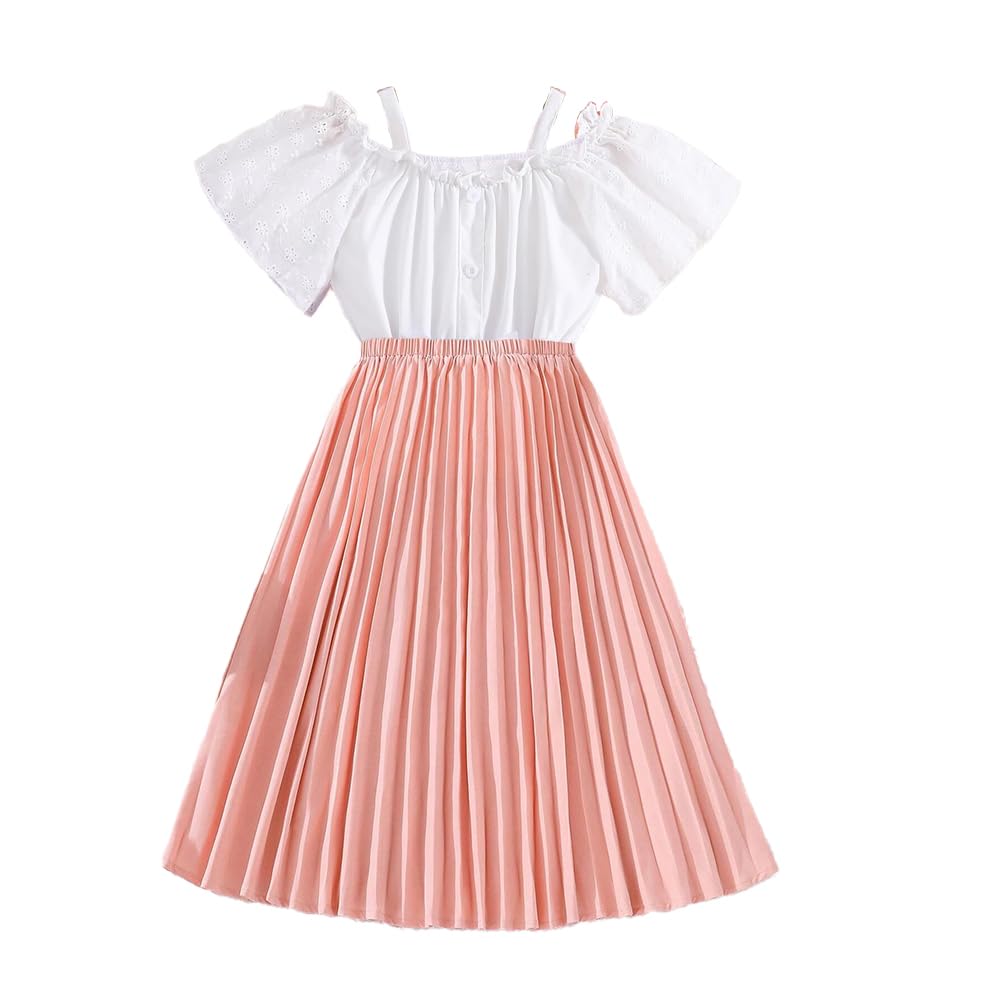 Wholesale Girl's Casual Dress with White Lace Sleeves Off-The-Shoulder Top Pink Pleated Long Dress for 8-12Y