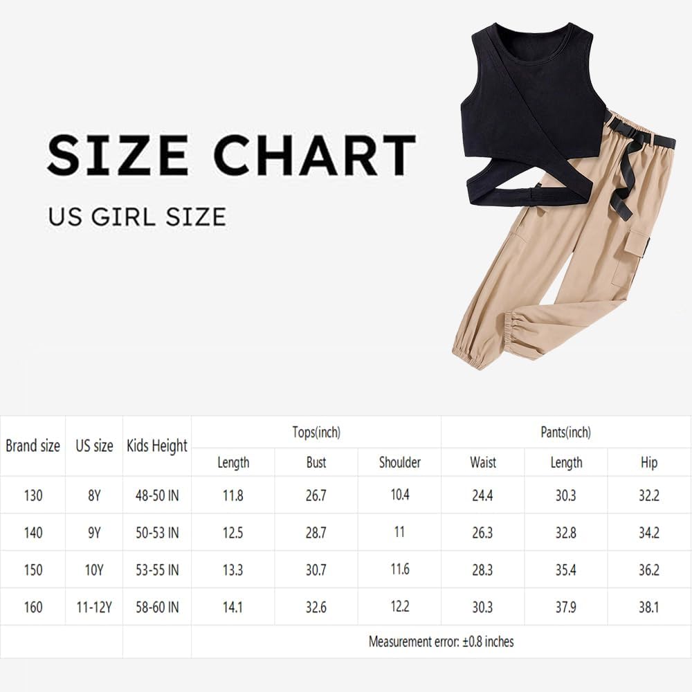 Wholesale Girls' Summer 2 Piece Outfit Pants kit,  Black Hollow V-neck T-shirt Crisscross Tank Top and Military Green Tapered Pants 2 Pockets 8-12 Years