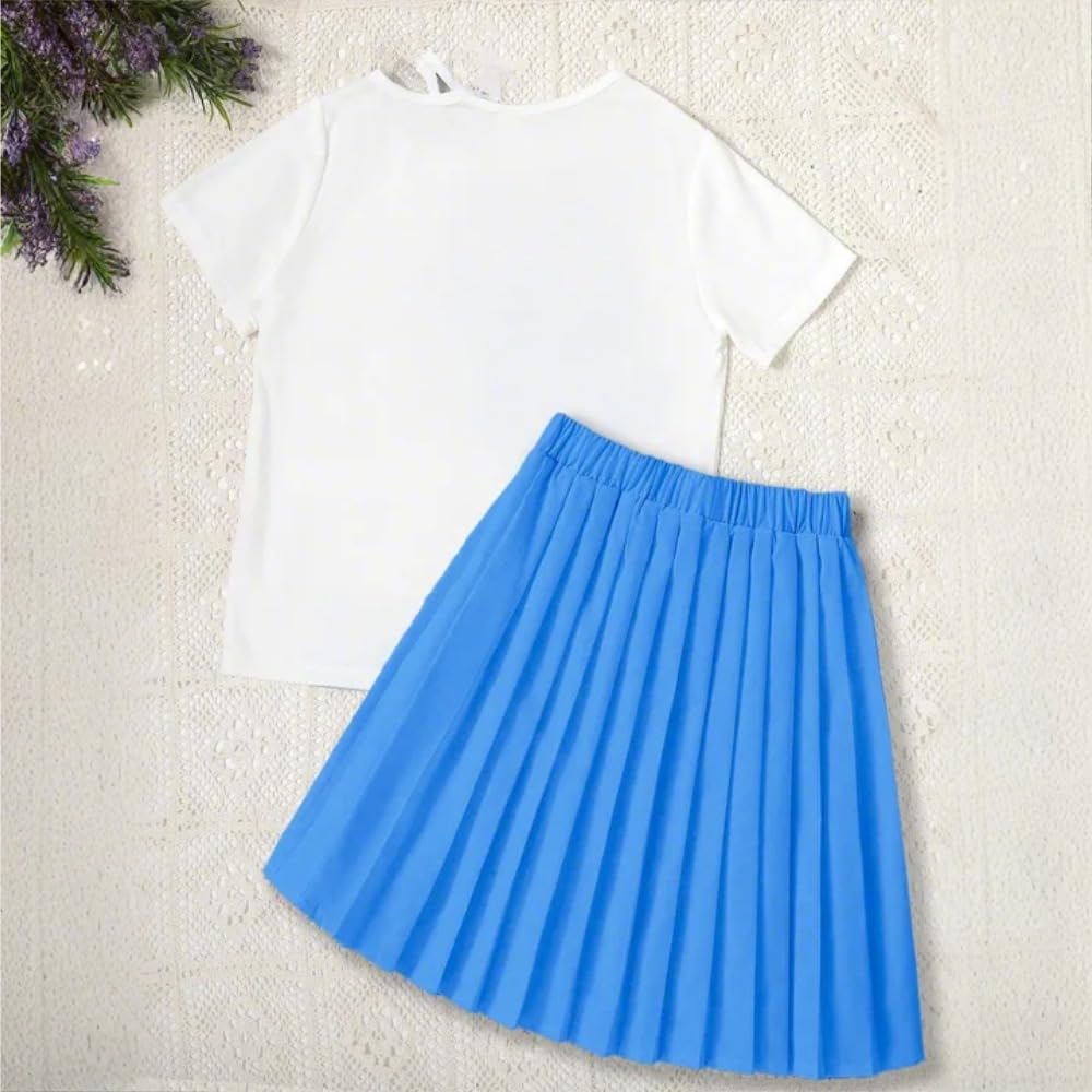 Wholesale Girls' Summer Dress Set - White Silhouette Top & Blue Pleated Skirt two-piece set 8-12 Years