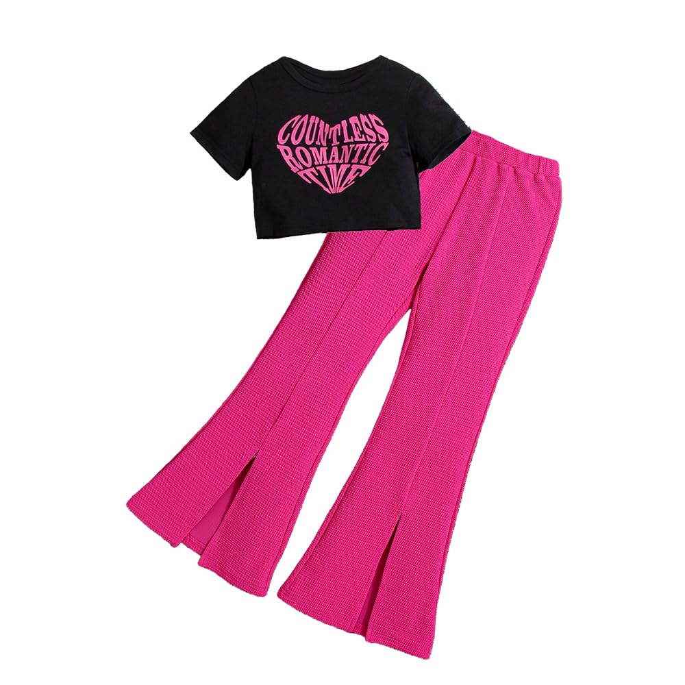 Wholesale Girls' Summer 2 Piece Outfit Pants kit, Heart Pattern T-shirt and Split Hem Flared Pants Clothing Set Size 8-12 Years