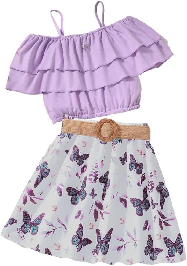 Wholesale Girl's 2 Pieces Outfits one-shoulder suspender purple Layered Crop Top and butterfly print skirt set 8-12 Years