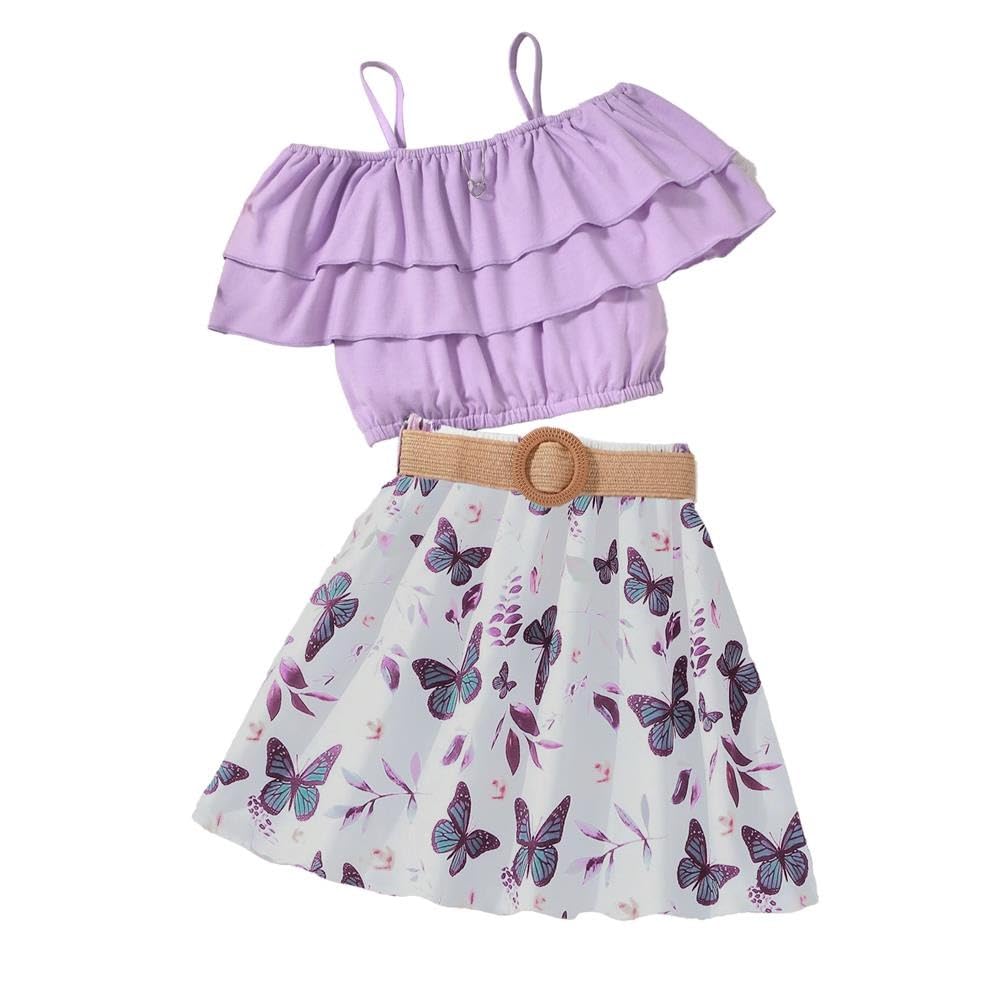 Wholesale Girl's 2 Pieces Outfits Spaghetti Purple Layered Crop Top and Butterfly Print Skirt Set with Belt 7-13 Years