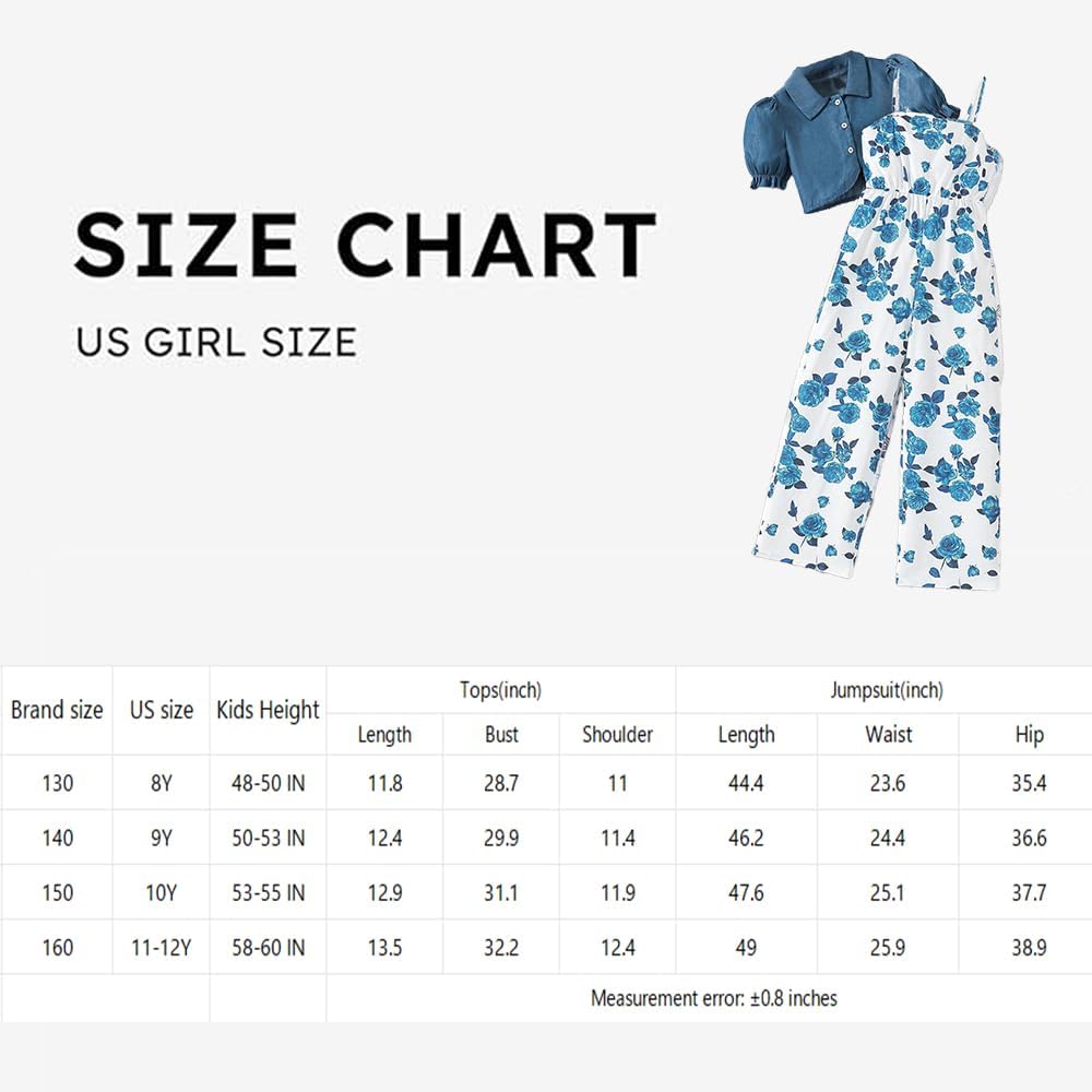 Wholesale Girl's 2 Piece Outfits Puff Sleeves Shirt Crop Top and Blue Rose Print Wide Leg Pants Jumpsuit Set 8-12 Years