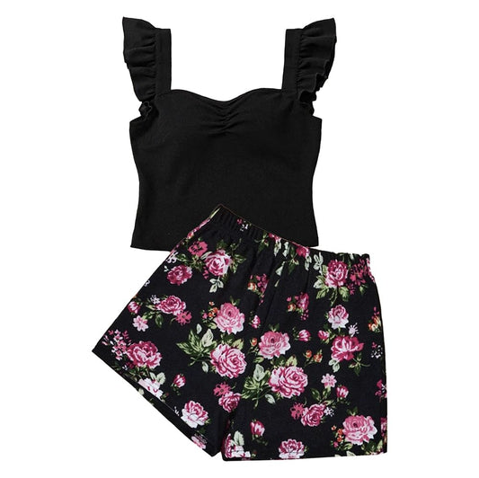 Wholesale Girls Summer Short Sets Ruffle Sleeveless Tank Tops and Floral Shorts 2 Pcs Outfits 7-13 Years