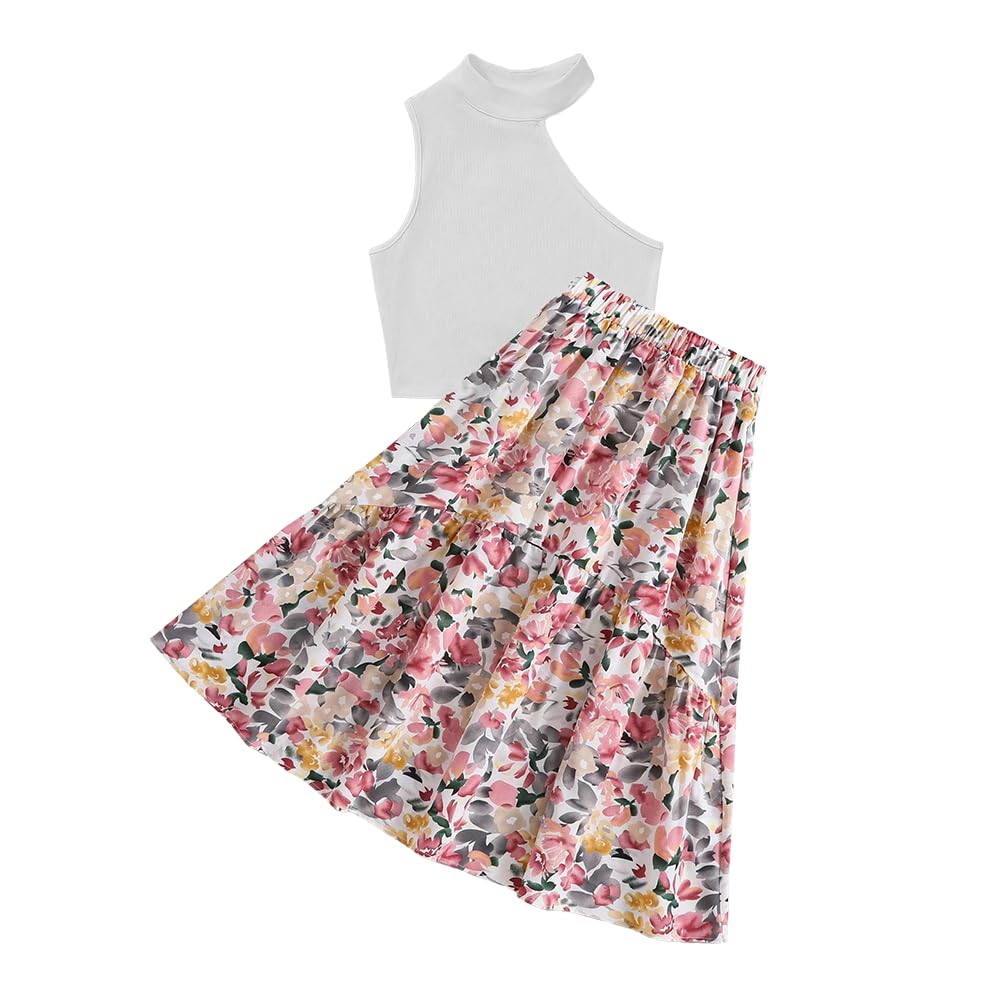 Wholesale Girls' 2 piece outfit white sleeveless One Shoulder Cut Out Top tops, floral skirts 7-13 Years