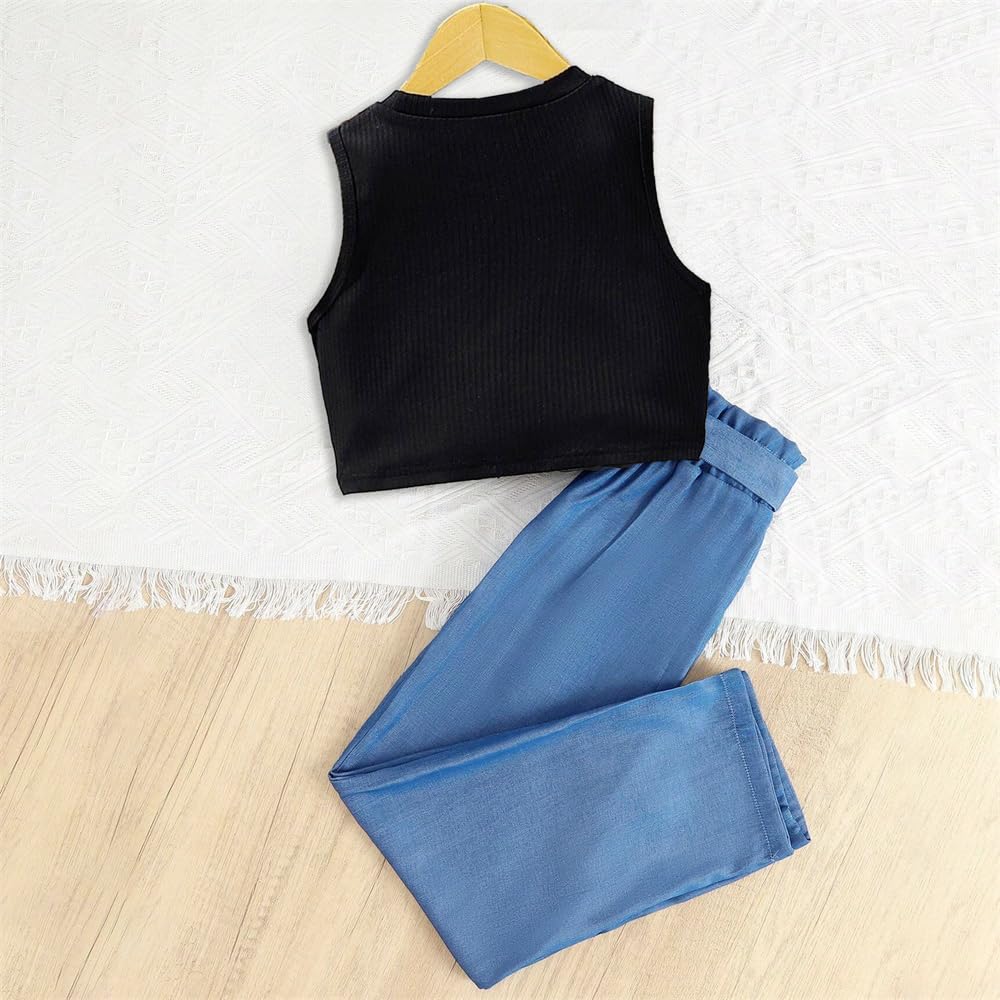 Wholesale Girls 2 Pieces Outfits Kids Black Sleeveless Tops and Blue Pants Set with Pockets 8-12 Years