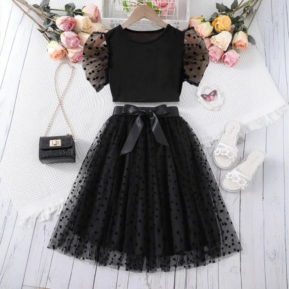 Wholesale Big Girl Skirt Set: Black Mesh Dress with Puff Sleeve & Double Mesh Skirt - Princess Dress 8-12 Years