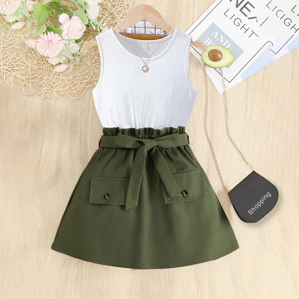 Wholesale Girls' 2 Piece Skirt Sets Sleeveless White Top Green Skirt Girls Casual Summer Skirt Sets for 7-13 Years