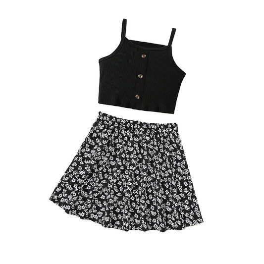 Wholesale Girls' 2 Piece Outfits Summer Skirt Sets Black Suspender Top with Floral Knee Length Skirt for 7-13 Years