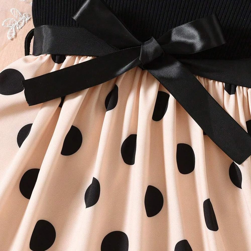 Wholesale Girls' Summer Short Sleeved Dress, Polka dot Print Dress, Black Dress for 8-12 Years