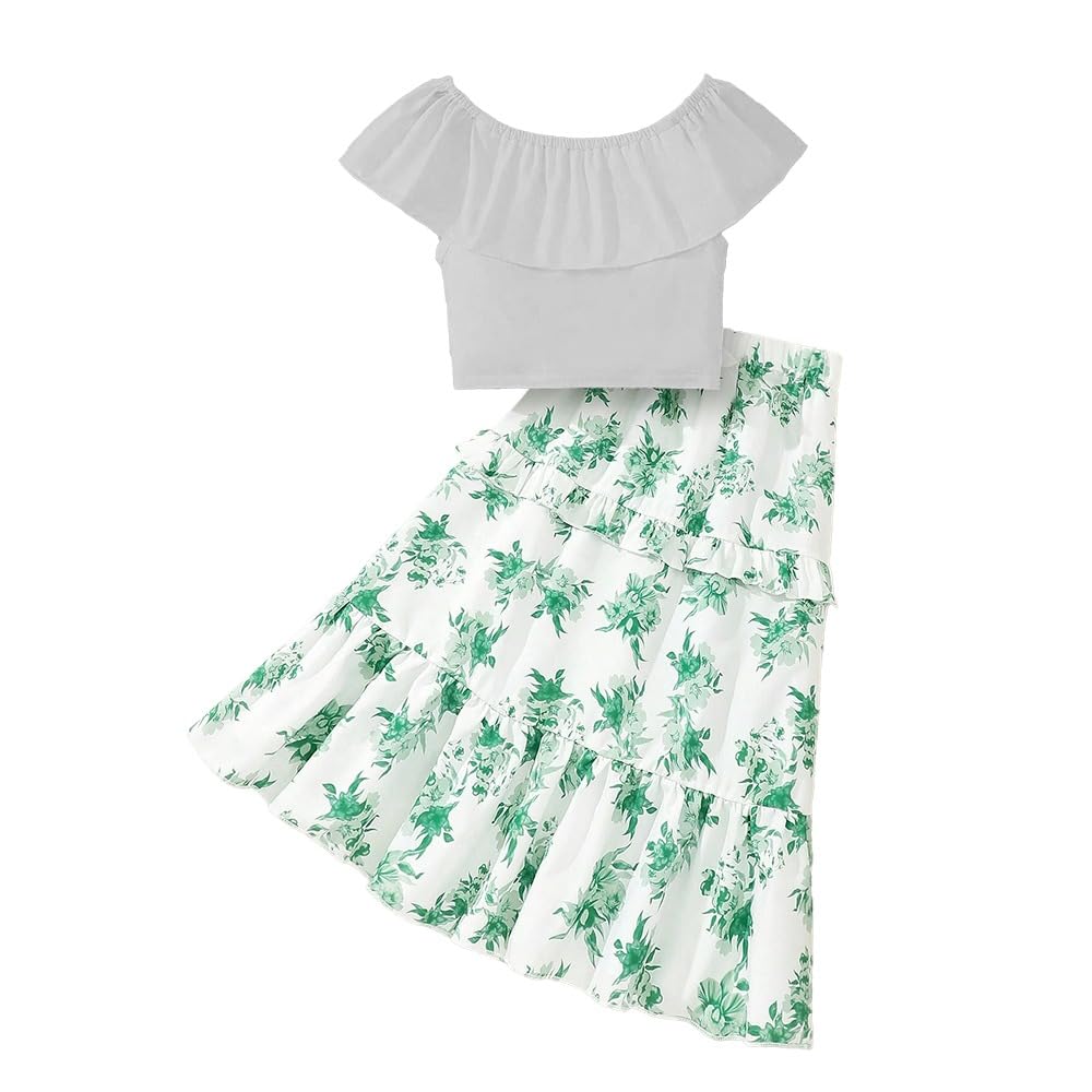 Wholesale Girl's 2 Piece Outfit White Ruffle Off-Shoulder Crop Top and Boho Green Floral Skirt Summer Dress 7-13 Years