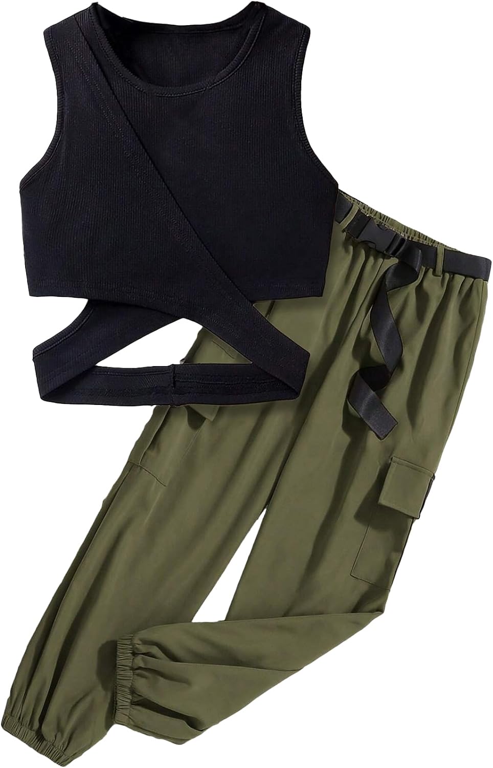 Wholesale Girls' Summer 2 Piece Outfit Pants kit,  Black Hollow V-neck T-shirt Crisscross Tank Top and Military Green Tapered Pants 2 Pockets 8-12 Years