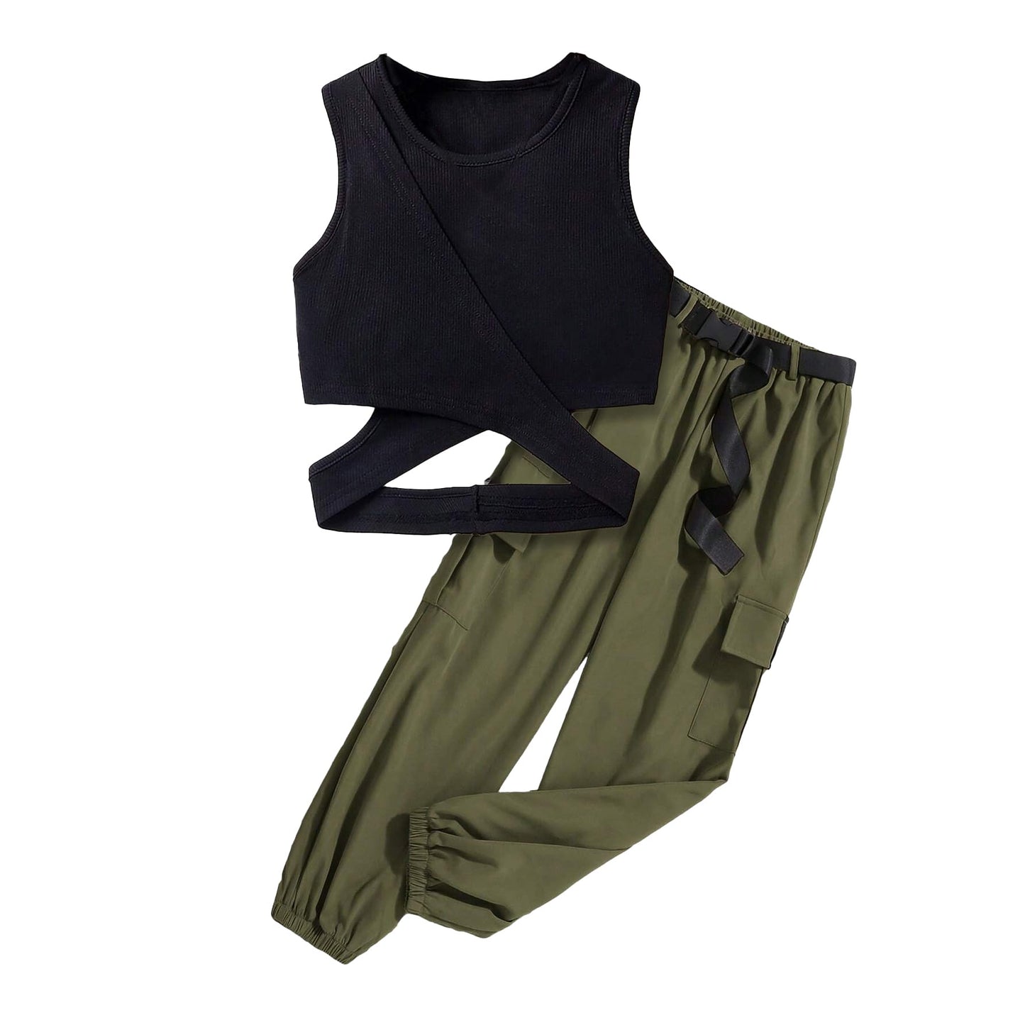 Wholesale Girls' Summer 2 Piece Outfit Pants kit,  Black Hollow V-neck T-shirt Crisscross Tank Top and Military Green Tapered Pants 2 Pockets 8-12 Years