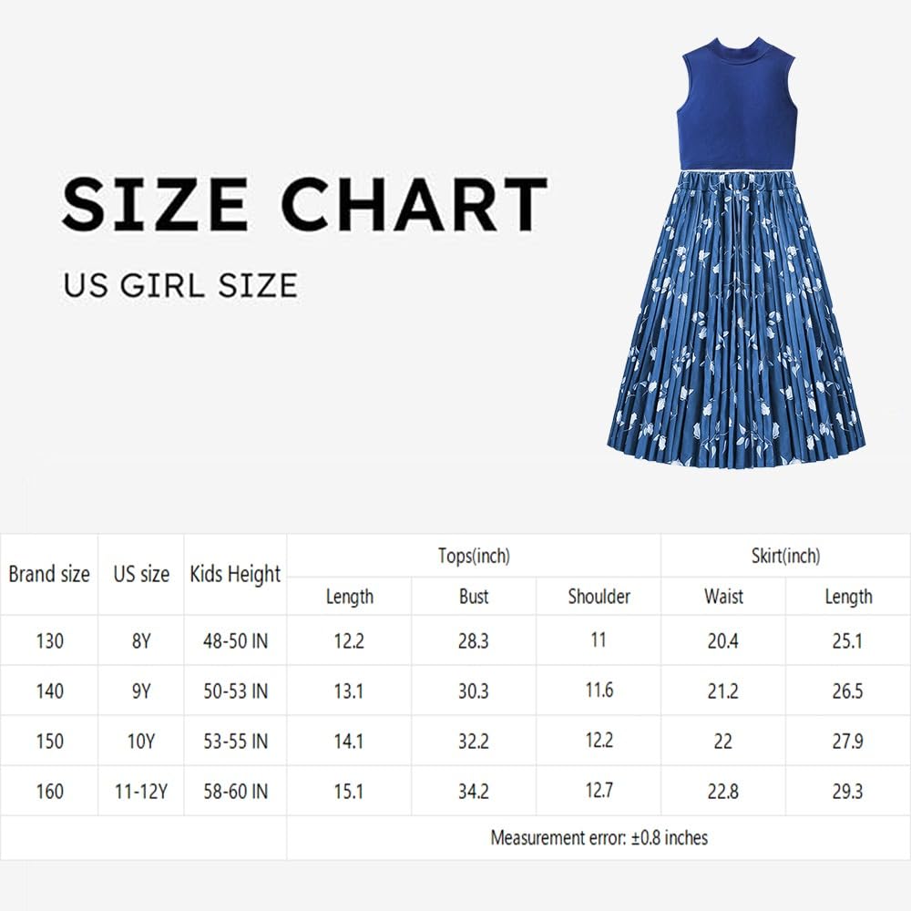 Wholesale Girls' 2 piece outfit Blue summer suit sleeveless vest top printed pleated skirt long skirt 8-12 years