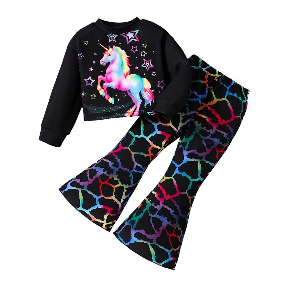 Wholesale Girl's 2 Piece Outfit Long Sleeve Tee Shirt And Graffiti Flare Leg Pants Two Piece Set 4-7 Years