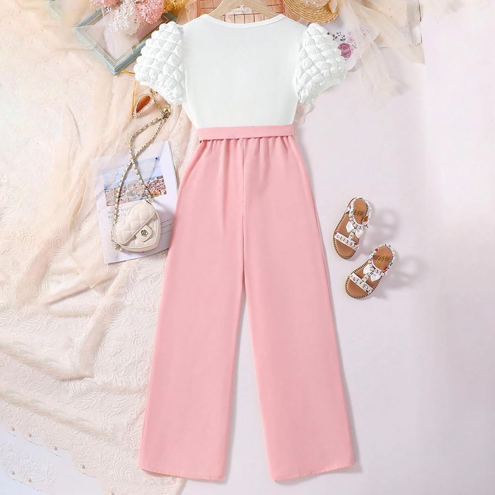 Wholesale Girls' Summer 2 Piece Outfit Pants kit,  White Bubble Sleeve Top and Pink Casual Belt Pants Clothing Set 8-12Years