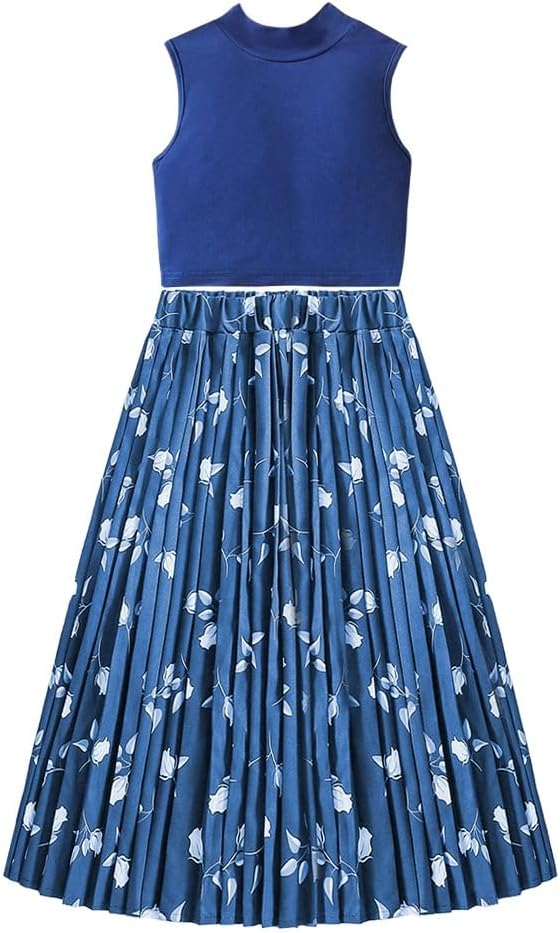 Wholesale Girls' 2 piece outfit Blue summer suit sleeveless vest top printed pleated skirt long skirt 8-12 years